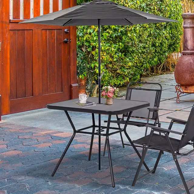 Outsunny Modern Outdoor Garden Table with Faux-marbled Top and Umbrella Hole in Black