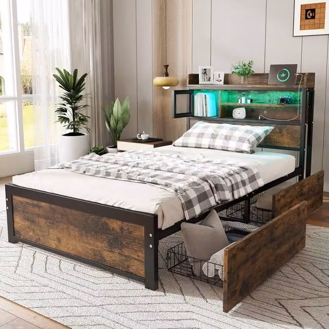 Merax Single Metal Bed Frame with Storage Headboard, LED Lighting and USB Charging Ports in Brown and Black, W/D/H: 90 x 190 x 91.44 cm