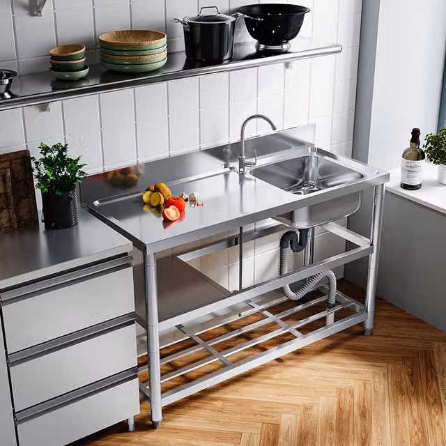 Livingandhome Stainless Steel Single Bowl Kitchen Sink with Backsplash and Shelves, Silver