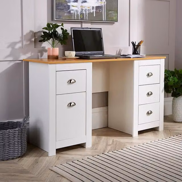 Home Source Camden Modern White and Oak 3 Drawer Single Pedestal Computer Desk