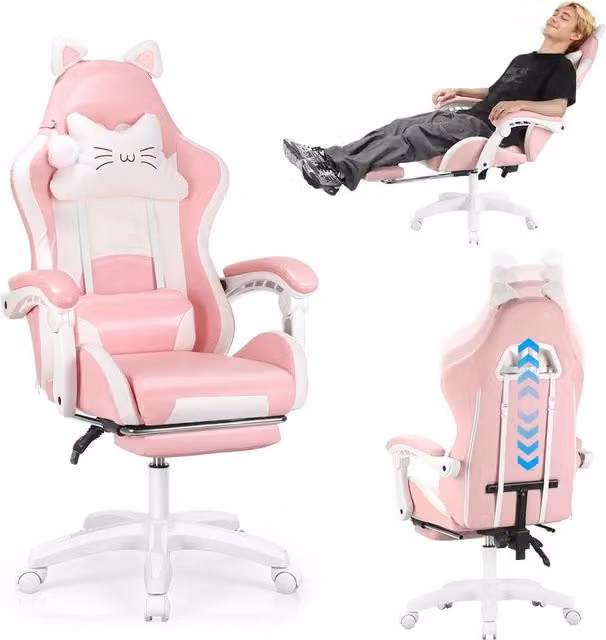 NESTLUNE Gaming Chair with Cat Ears for Adults in Pink