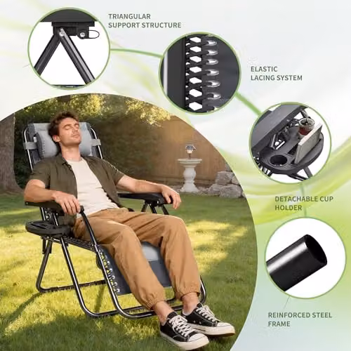 MCC Direct Set of 2 Zero Gravity Reclining Sun Lounger Garden Chairs in Grey and Black – 4