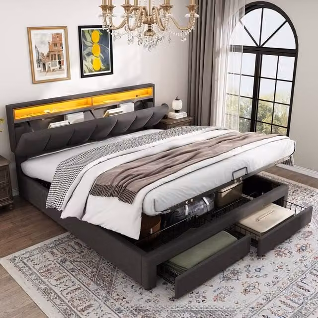 Matteo Super King Upholstered Bed with LED Lighting and Lift Up Base in Grey Linen, W/D/H: 180 x 200 x 102 cm