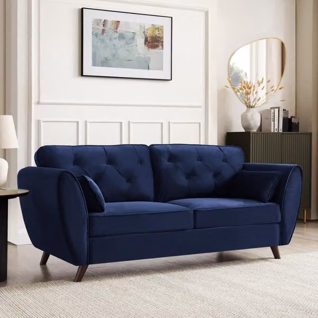 Mona 3-Seater Chesterfield Sofa in Blue Velvet with Scatter Cushions