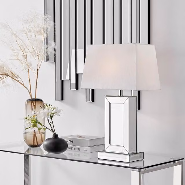 FurnitureboxUK Talia Tall Mirrored Table Lamp with Fabric Shade in White
