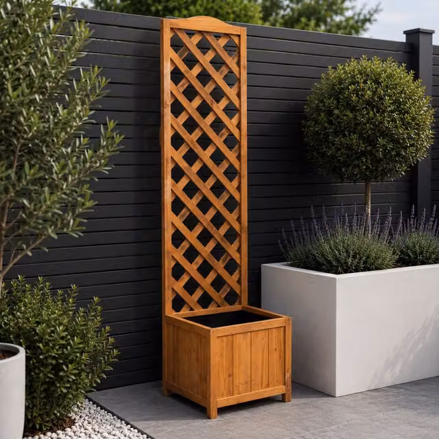 Samuel Alexander Brown Wooden Freestanding Garden Trellis with Raised Bed Planter, H: 160 cm – 1