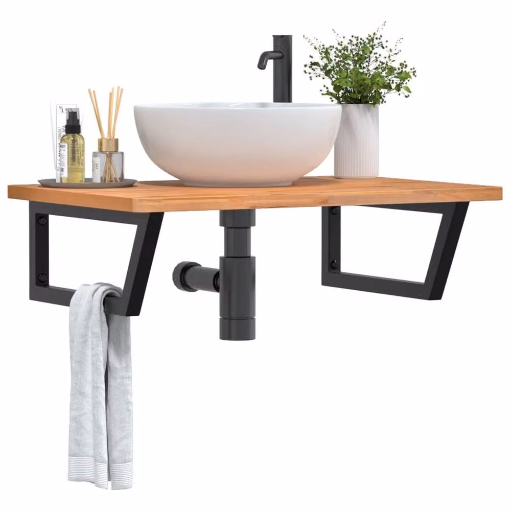 Berkfield Home Elegant Wall Mounted Basin Shelf in Brown Beech Wood and Black Steel