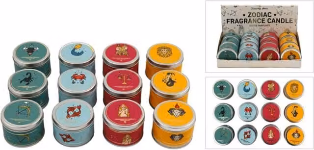 KDMK Zodiac Fragranced Candle Tin Set of Twelve Personalised Astrological Candles in Multicolour and Yellow