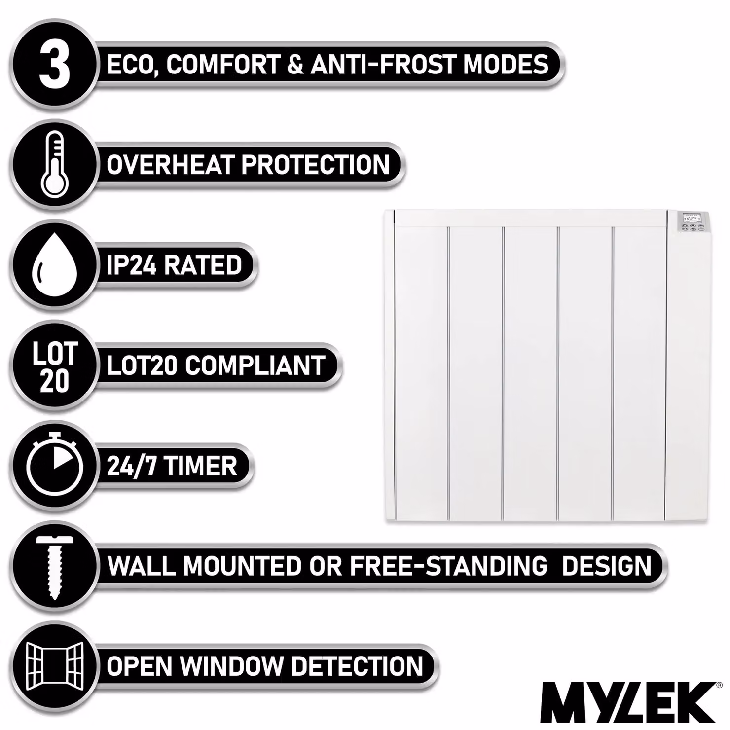 MYLEK 1500W Ceramic Electric Panel Heater with Digital Timer in White – 2