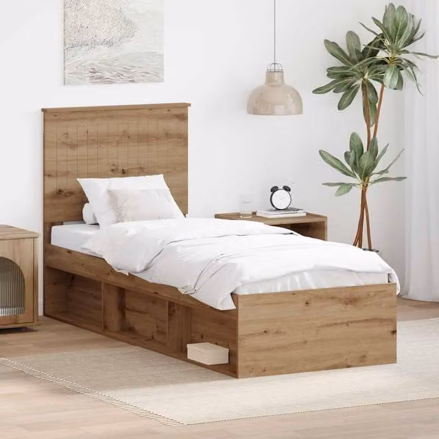 Berkfield Home Artisan Oak Bed Frame in Brown Solid Pine and Engineered Wood, W: 75 cm, L: 190 cm