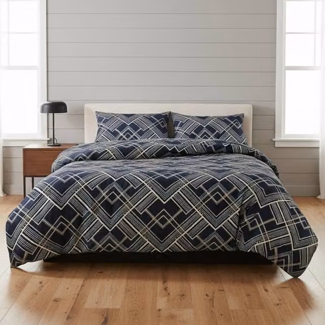 Snug City Grey and Blue Geometric Zig Zag Print Duvet Cover and Pillowcase Set, W: 180 cm, H: 200 cm – 1