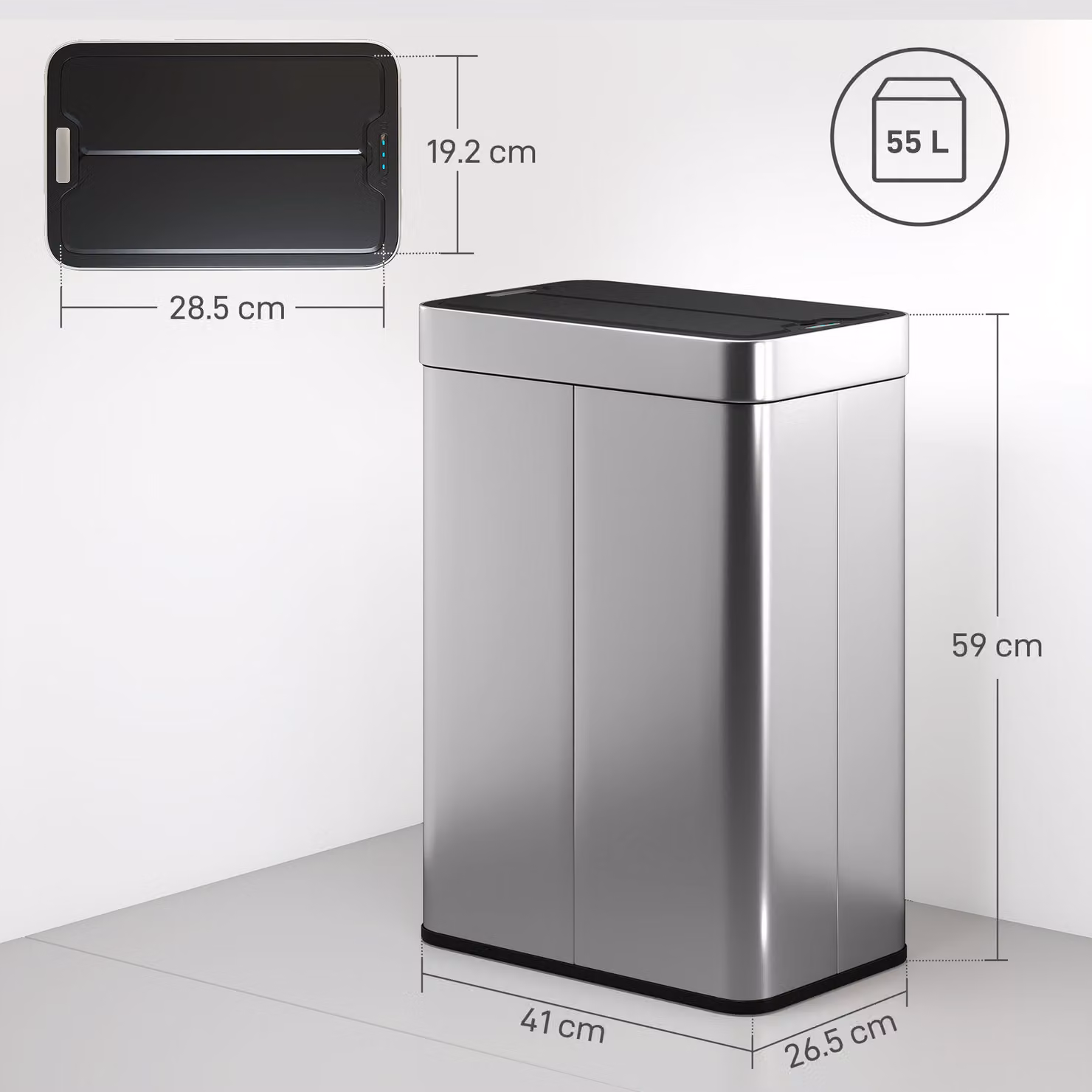HOMCOM 55L Sensor Bin, Large Automatic Touchless Stainless Steel Rubbish Bin with Soft-Close Lid, Silver Tone – 3