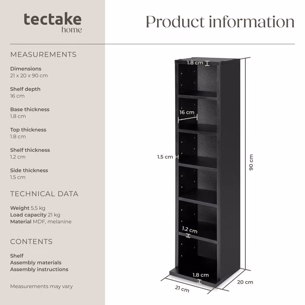 tectake Juliane Shelving Unit in Black with Adjustable Shelves and Media Compartments – 6