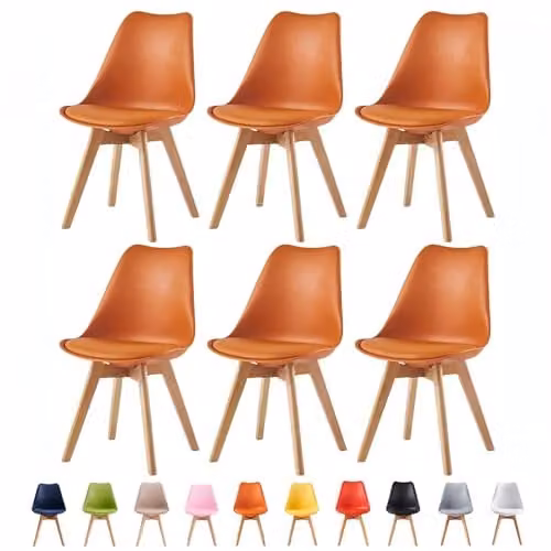 MCC Direct Set of 6 Retro Eva Dining Chairs with Wooden Legs and Synthetic Leather Cushions in Orange, W/D/H: 46 x 48 x 82 cm – 1