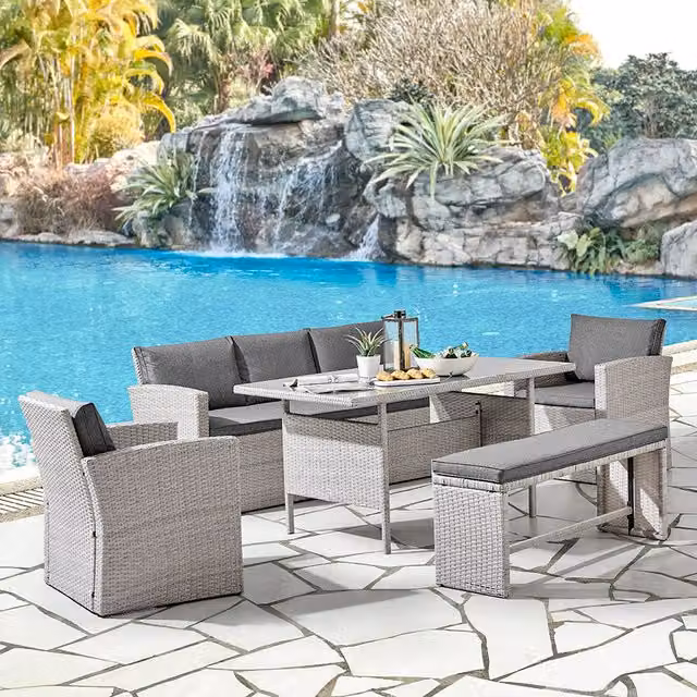 GRS Petra 5-Piece Modern Rattan Dining Set with Glass Top in Grey