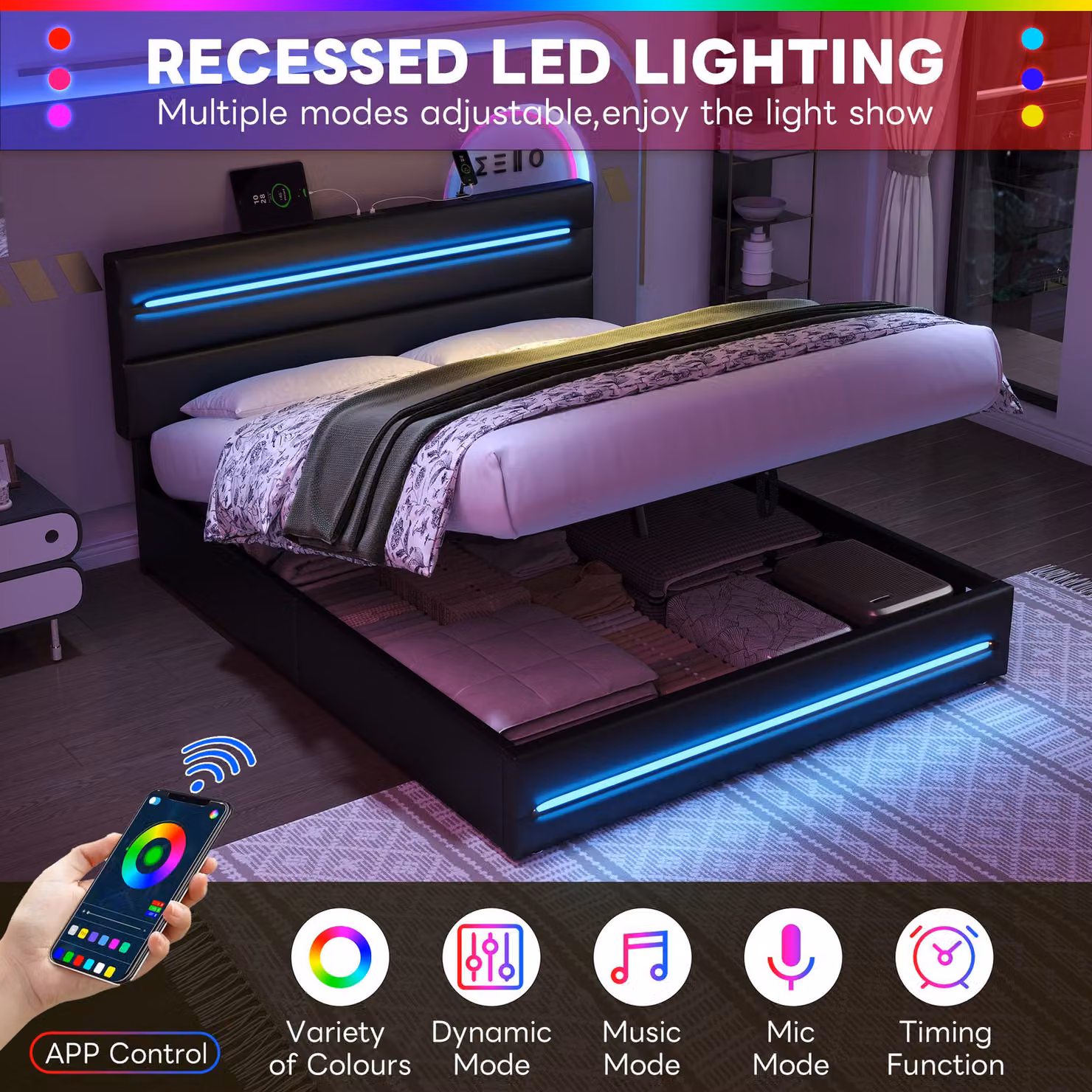 Aosom UK King Upholstered Bed Frame with Hydraulic Storage, LED Lights and USB Ports, Black, W: 160 cm, D: 210 cm, H: 110 cm – 6
