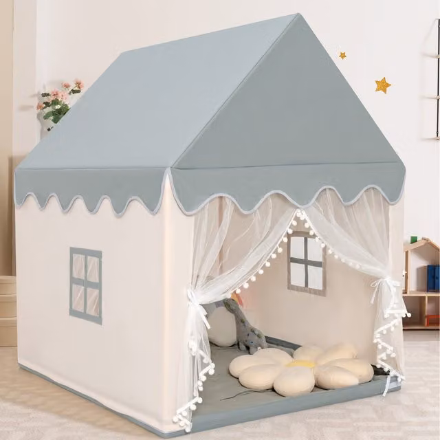 Costway Kids Play Tent Indoor Playhouse in White and Grey with Wood Frame
