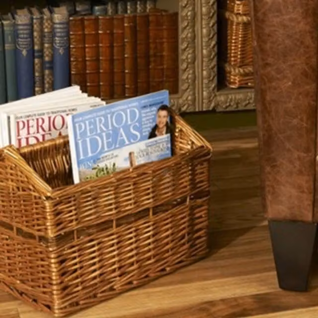 Red Hamper Wicker Magazine Rack Basket in Brown and Red with Handles – 1