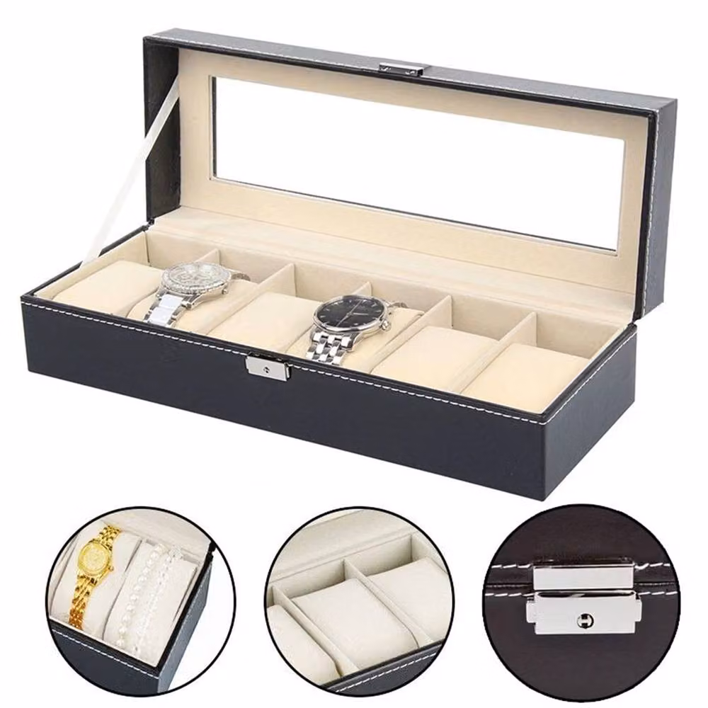 Nordara 6 Slot Watch Storage Box and Jewelry Organiser in Black with Leather and Glass Finish – 2