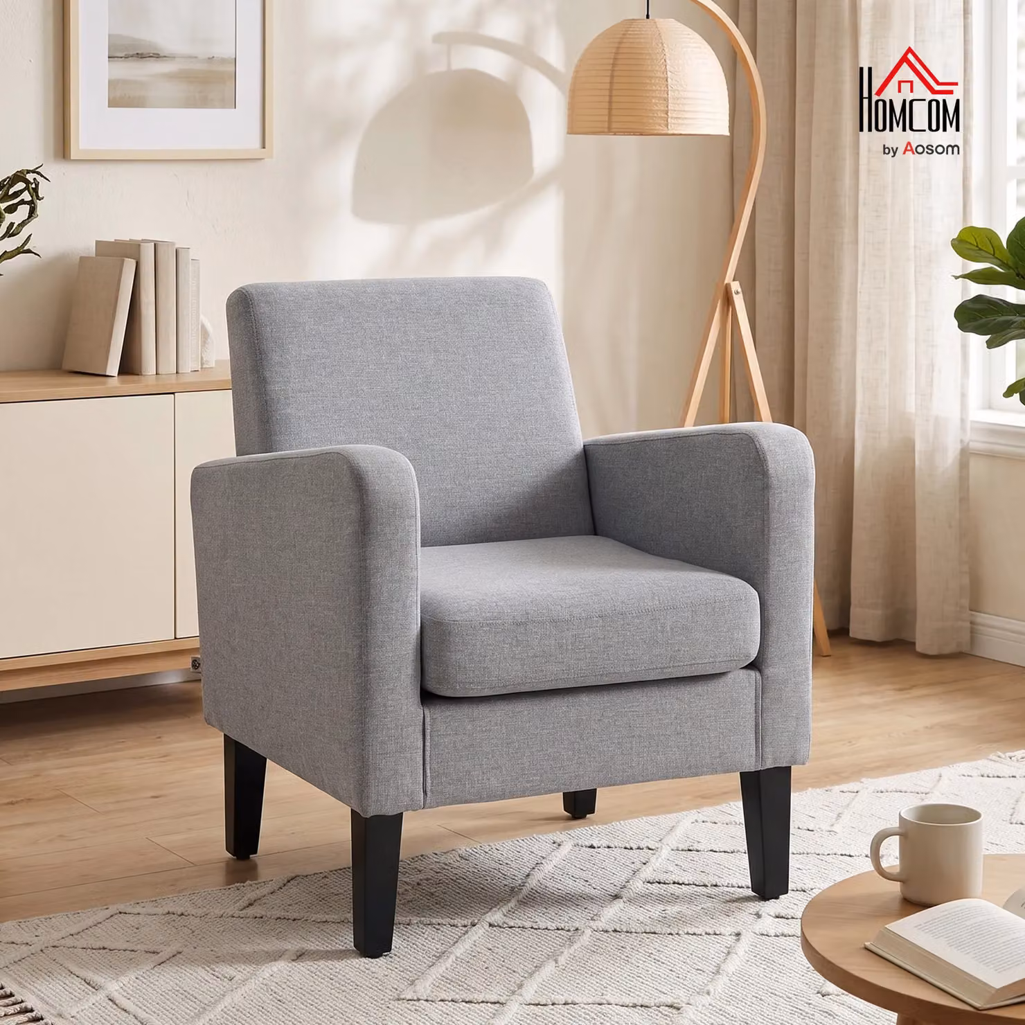HOMCOM Modern Fabric Armchair with Rubberwood Legs in Grey – 2