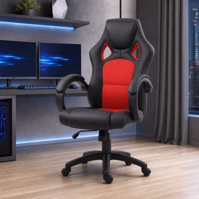 STILVORA Modern Task Office Chair with Headrest, Armrests and 360 Degree Swivel Seat in Red and Black Synthetic Leather