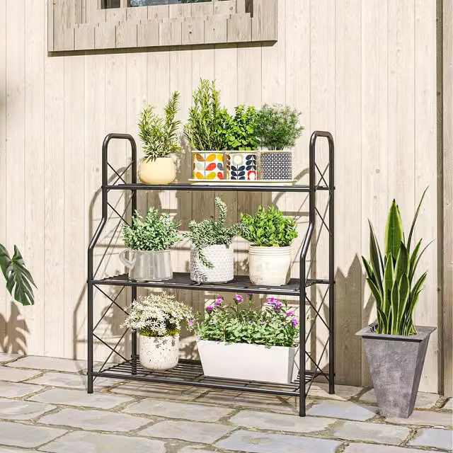 Outsunny 3-Tier Metal Ladder Plant Stand in Matt Black