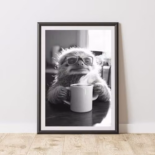 60 Second Makeover Funny Sloth Drinking Coffee Multicolour Paper Poster, A4