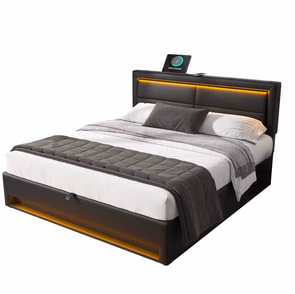 STILVORA Double Upholstered Bed in Black with USB Charging Ports, LED Lighting and Lift-Up Storage Base, W/D/H: 140 x 200 cm – 4