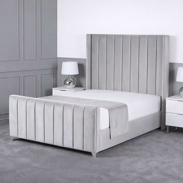Living Comfort Bedz Imperial Winged Upholstered Velvet Bed with Slatted Base and 48 Inch Headboard in Silver, Size: Single (90 x 200 cm)