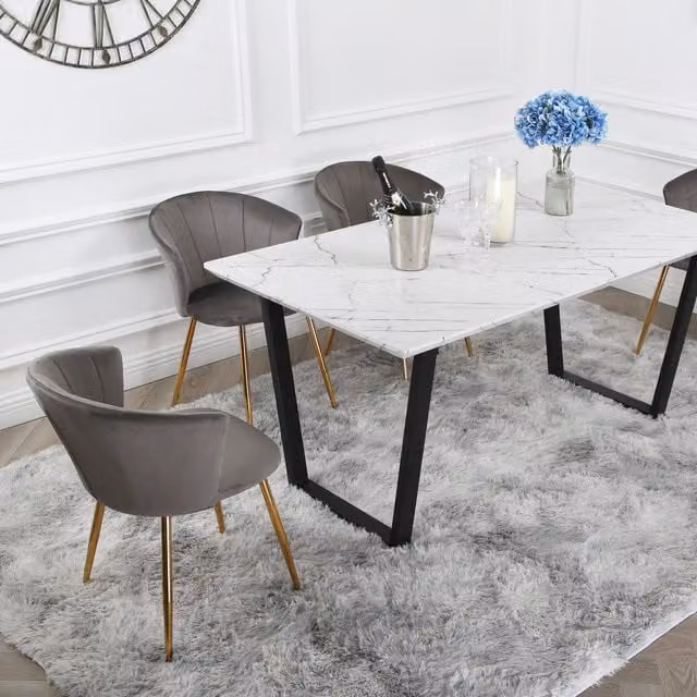 Home Garden Direct Atlas Dining Set with Marble Table and Four Grey Velvet Mill Chairs with Gold Legs