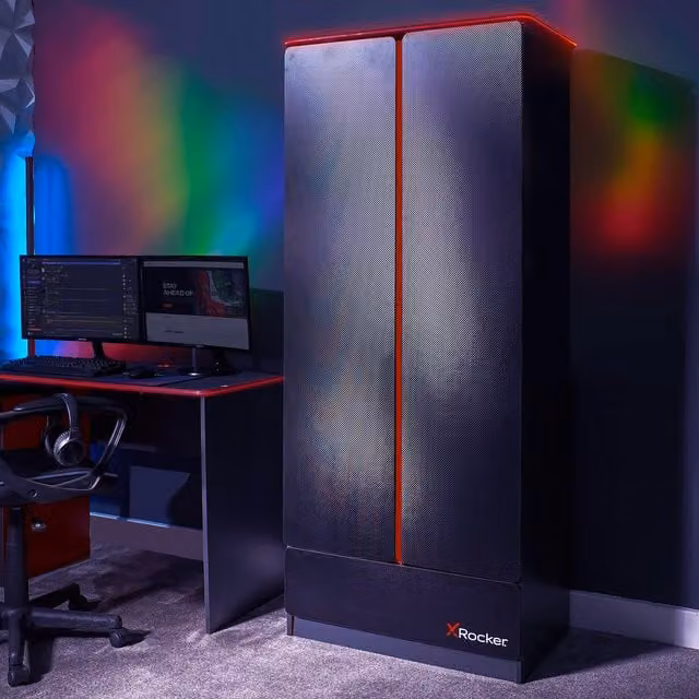 X Rocker Carbon-Tek 2 Door Wardrobe with Drawer and Integrated LED Lighting in Grey and Red