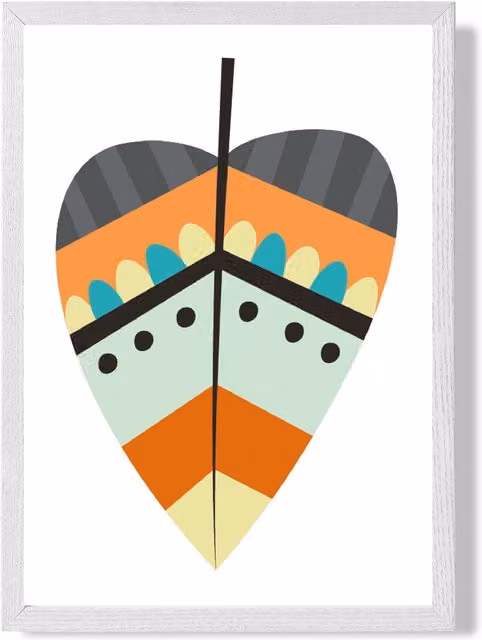 ARTZE Tribal Leaf Framed Print, Orange and White, A4