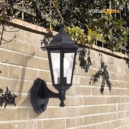 MiniSun Traditional Black Outdoor PIR Motion Sensor Wall Lantern with 10W Warm White LED Bulb – 3