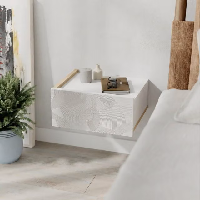 Decortie Onda Modern Wall Mounted Bedside Table with Integrated Lighting in White – 1