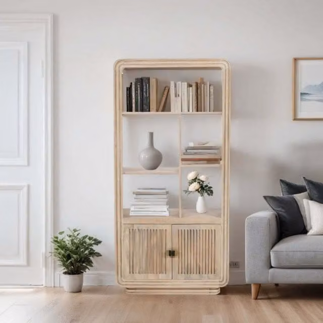 IH Design Paloma Carved Mango Wood Bookcase in Brown and Beige, H 165 x W 80 x D 35 cm
