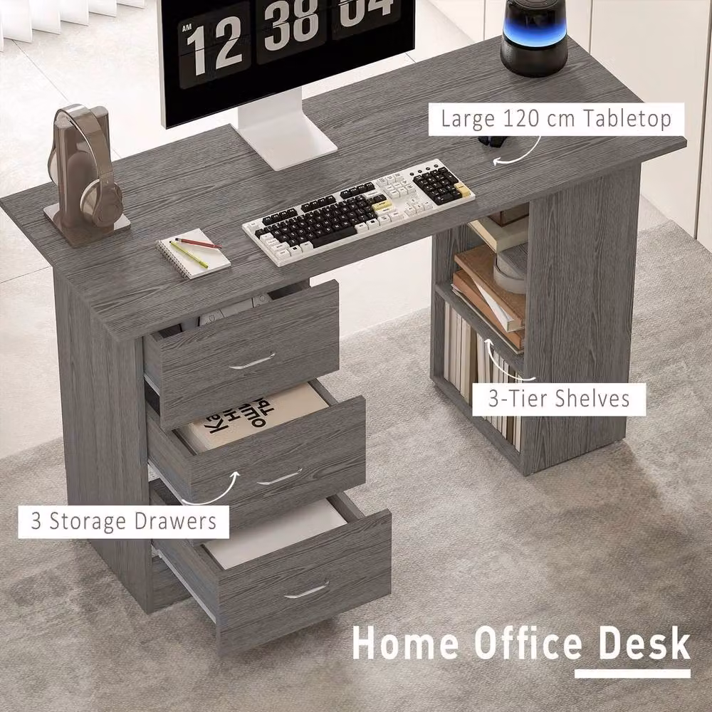 Havendro Modern Computer Desk with 3 Shelf Drawers in Grey, W: 120 cm, D: 49 cm, H: 72 cm – 3