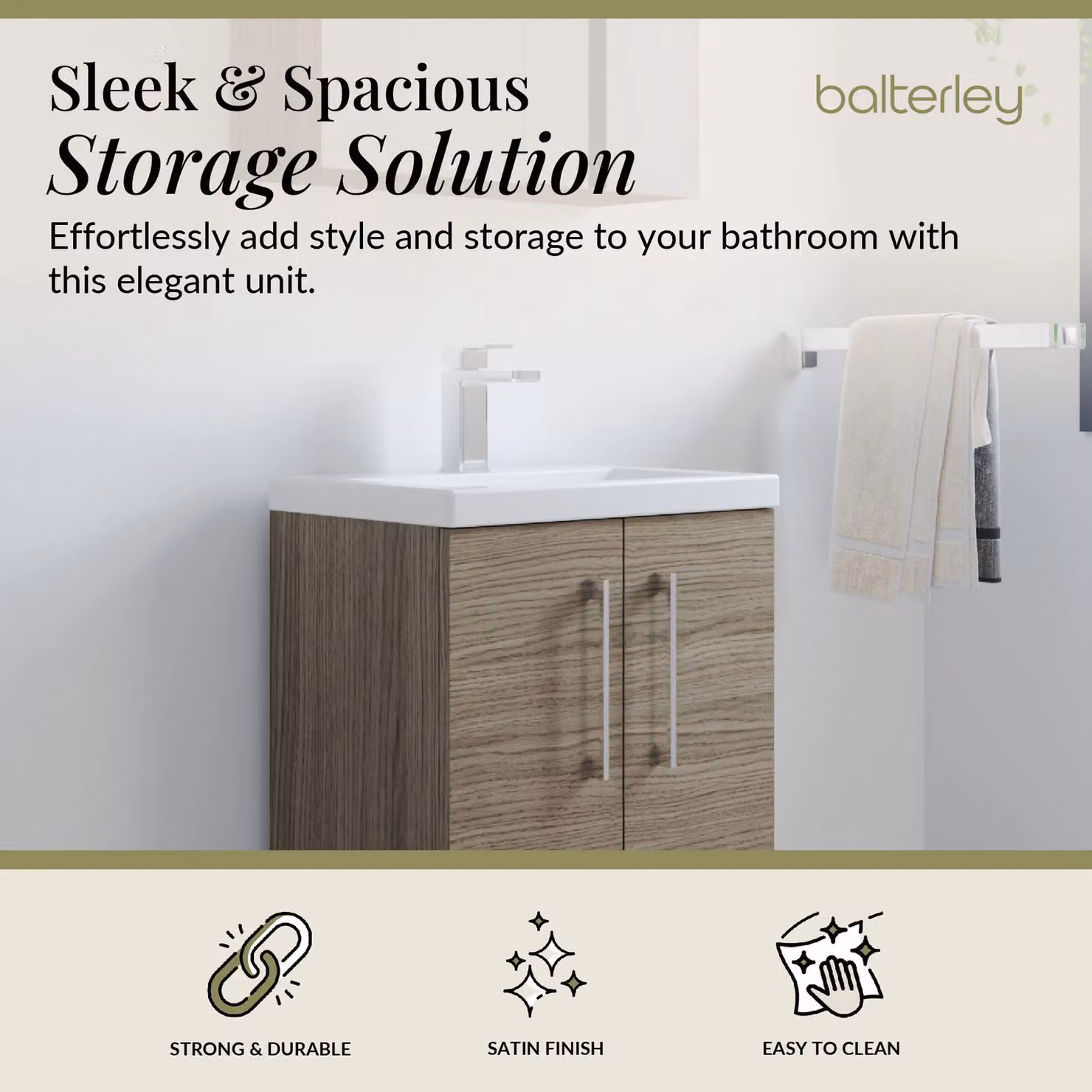 Balterley Mid Oak Brown Bathroom Vanity Basin Unit with Chrome Handles and Soft Close Hinged Doors, Width: 50 cm – 2