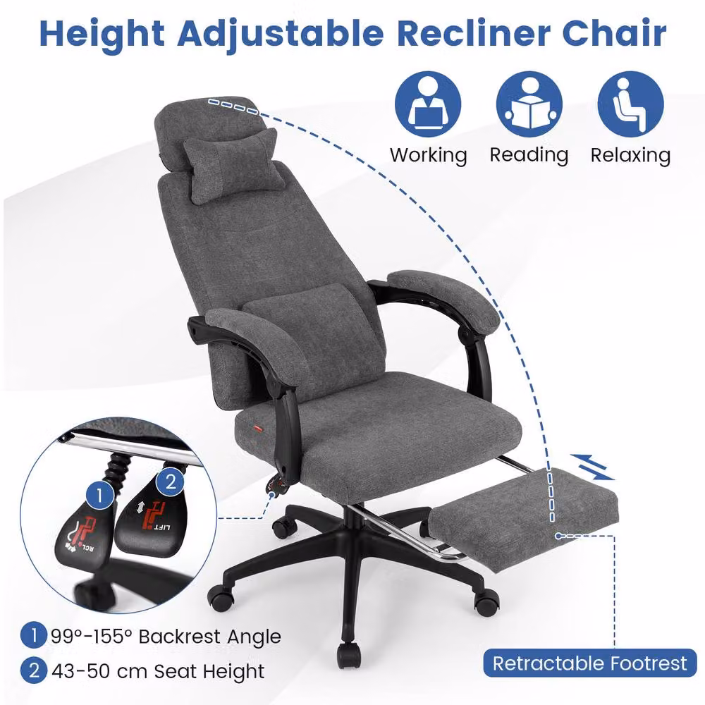 Costway Grey Chenille Fabric Upholstered Reclining Executive Office Chair with Headrest and Armrests – 9