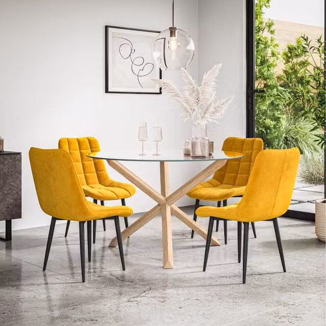 More4Homes Malvern Round Glass Dining Table Set with Oak Legs and 4 Yellow Nova Velvet Chairs