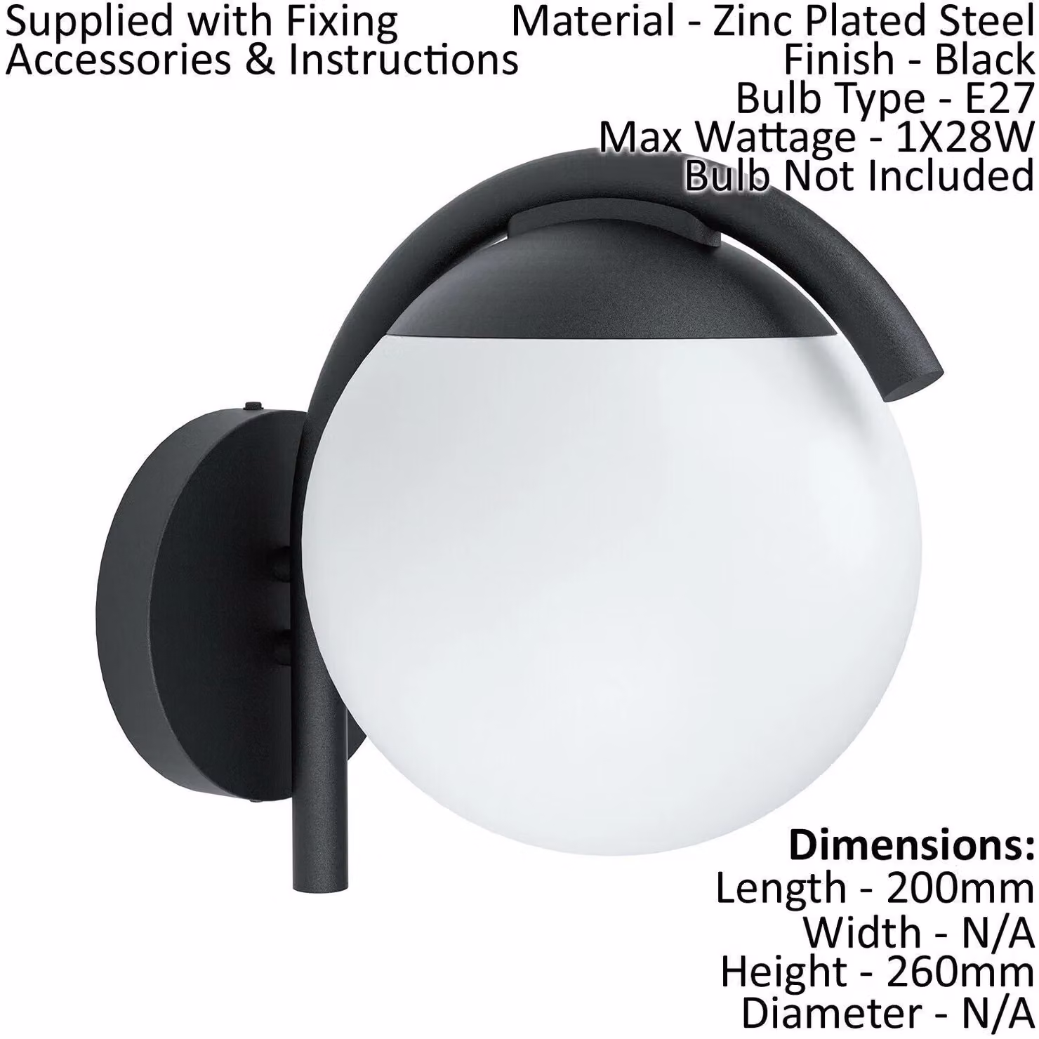 Loops 2 Pack Black Metal IP44 Outdoor Wall Lanterns with Diffused Glass Shade and E27 Bulb Compatibility – 2
