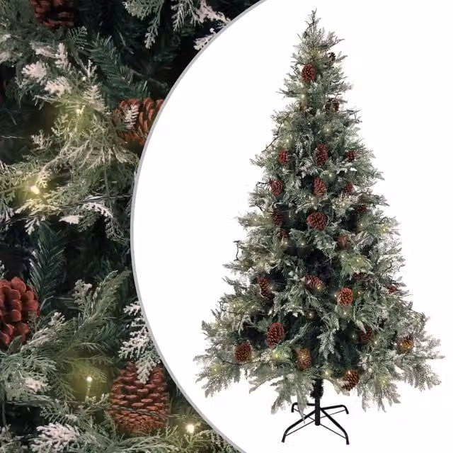 Berkfield Home Pre-lit Christmas Tree with Pine Cones in Green and White, Height: 195 cm – 1