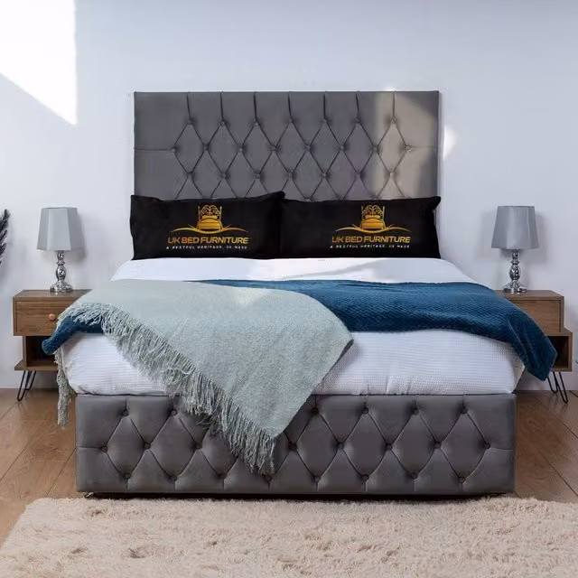 UK Bed Furniture Monaco Divan Bed Base with 26 Inch Headboard, Charcoal Grey Velvet Upholstered, W/D/H: 200 x 200 cm