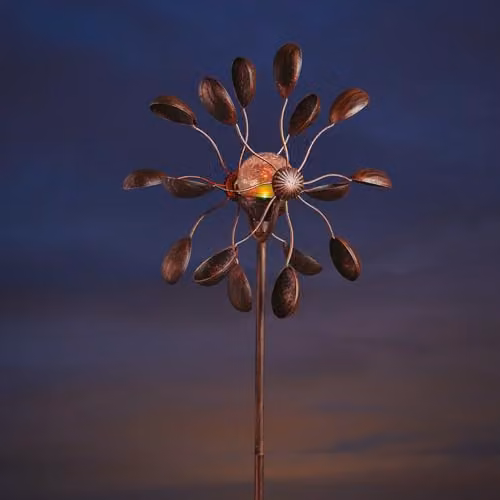 mysmartbuy Gemini Wind Spinner with Solar Powered Crackle Globe in Bronze and Copper, H 130 cm