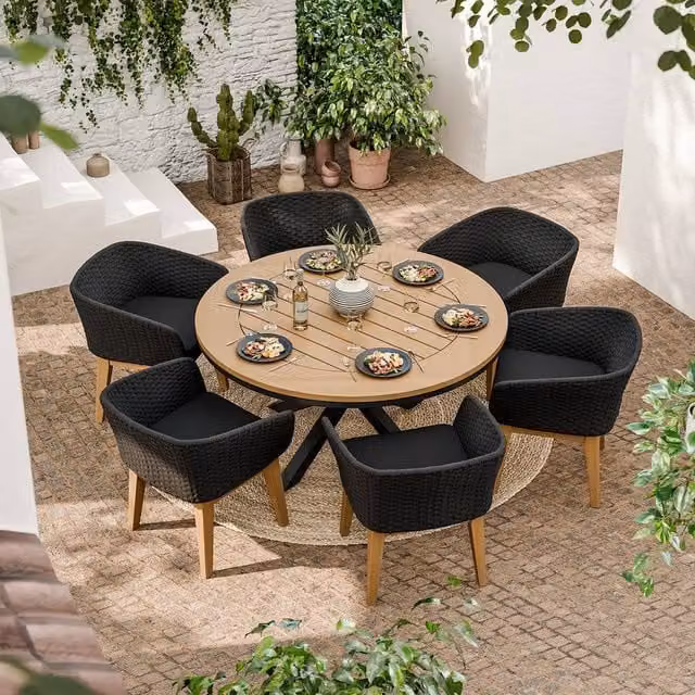 Royalcraft Tuscany Round Teak Wood Garden Dining Set in Brown with 150 cm Table and 6 Eden Night Chairs