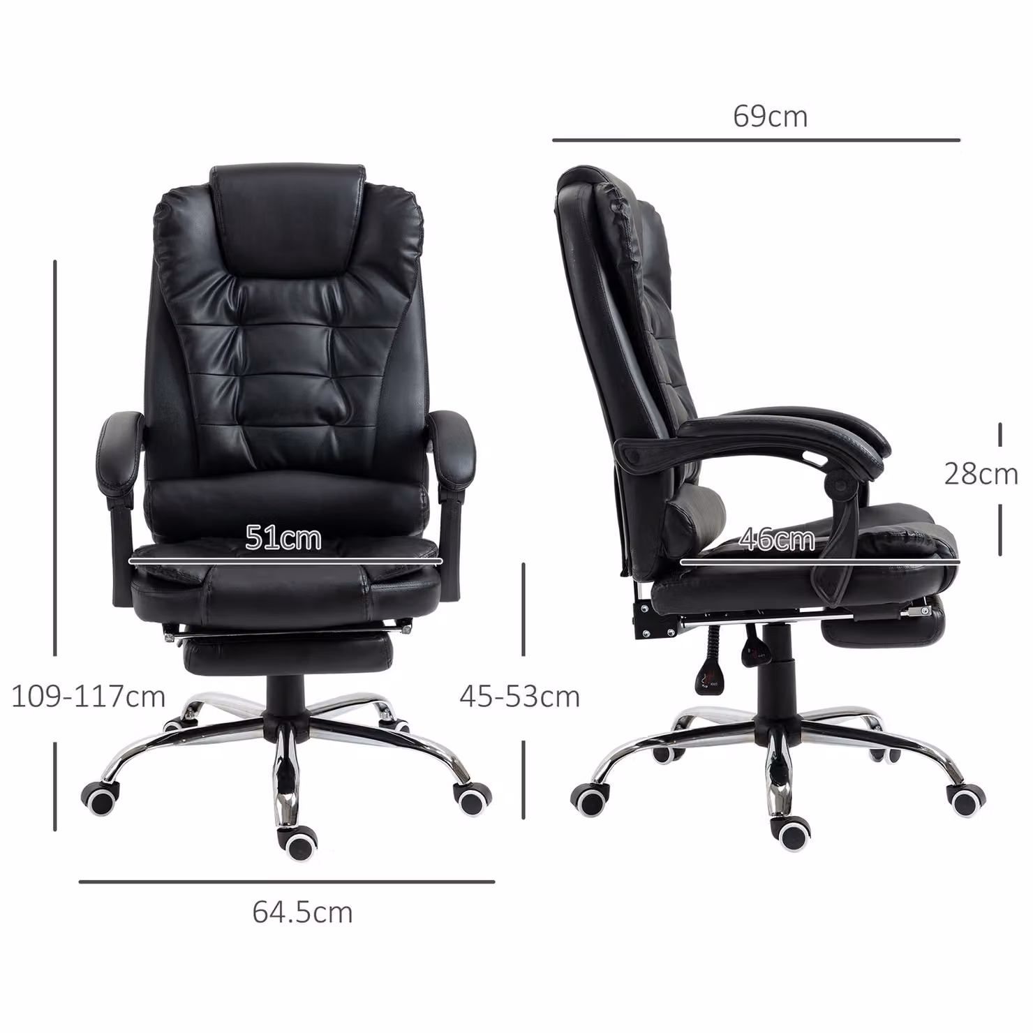 HOMCOM Black Executive PU Leather Office Chair with Headrest, Retractable Footrest and Swivel Wheels – 3