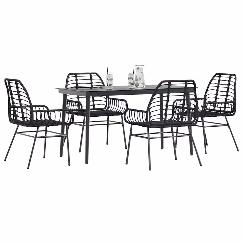 Berkfield Home Beautiful 5 Piece Black Poly Rattan Garden Dining Set with Glass Tabletop – 2