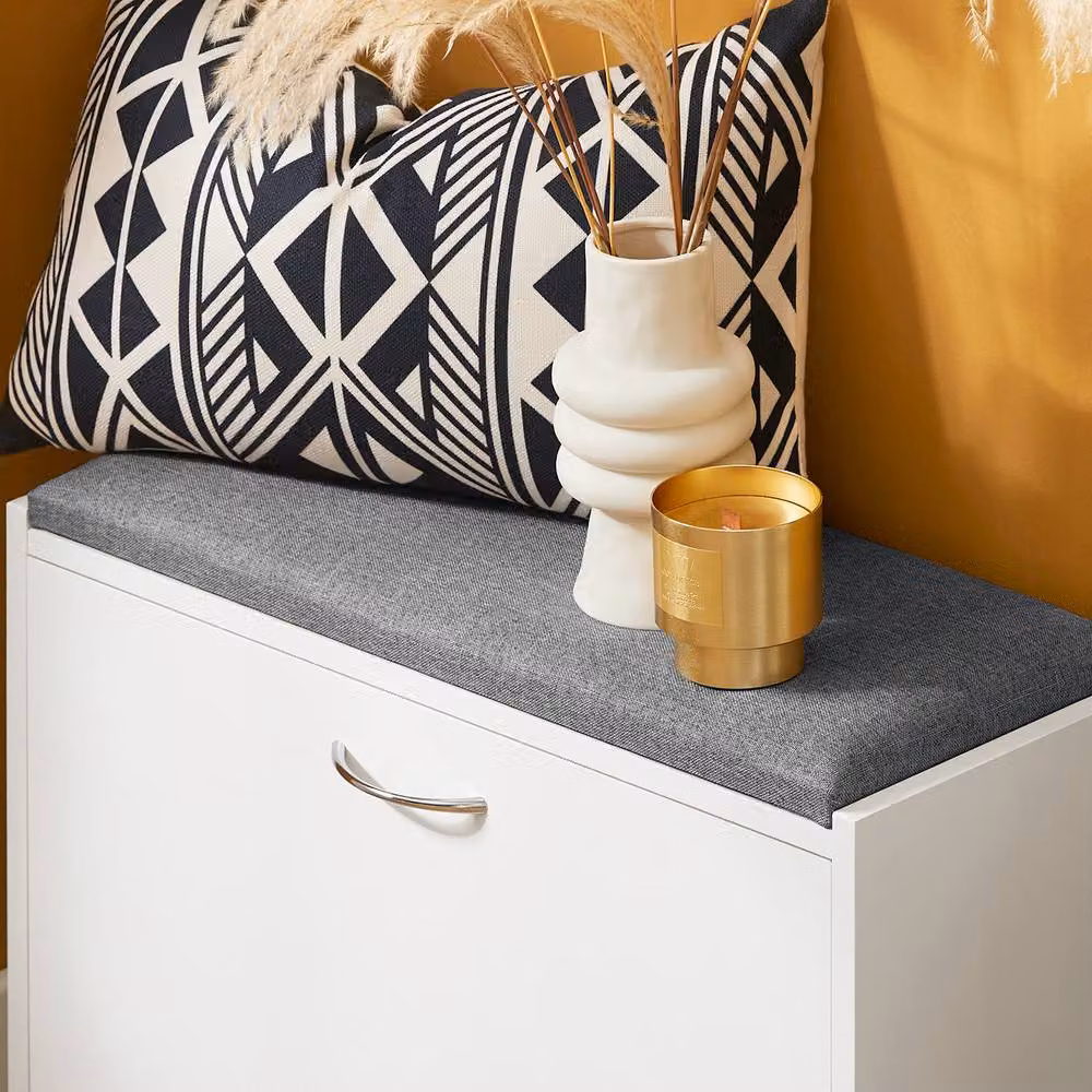 SoBuy Slim Entrance Bench and Shoe Rack in White and Grey with Fabric Cushion, W: 120 cm, H: 24 cm, D: 40 cm – 5
