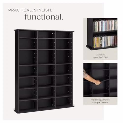 tectake CD Storage Unit in Black with Adjustable Shelves, H 136.5 x W 105.5 x D 19.0 cm – 6