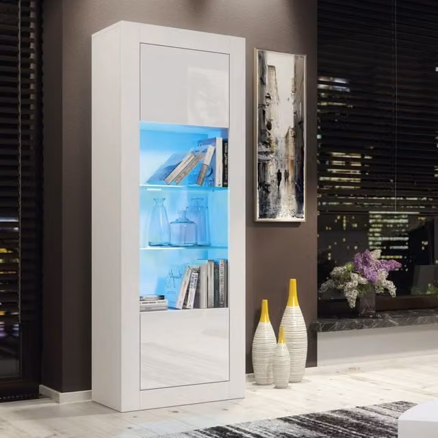 Mex Furniture LTD Modern White Glossy Display Cabinet with LED Lighting and Glass Doors, H 170 x W 63 x D 35 cm – 1
