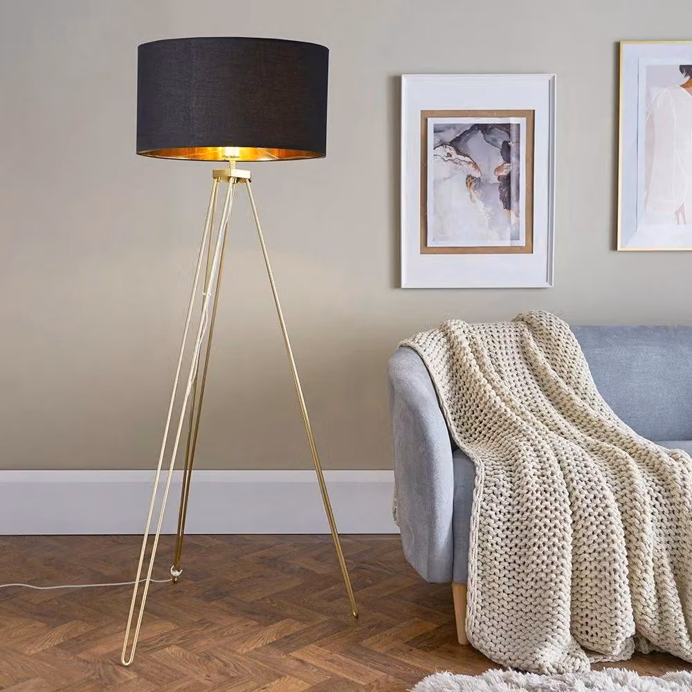 ValueLights Aero Gold Metal Tripod Floor Lamp with Black and Gold Fabric Shade and Warm White Bulb, H 148 cm x W 52 cm – 2